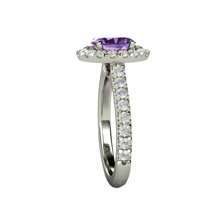 Purple Sapphire Engagement Ring Oval Halo with Pave Diamonds, Side View | Rare Earth Jewelry