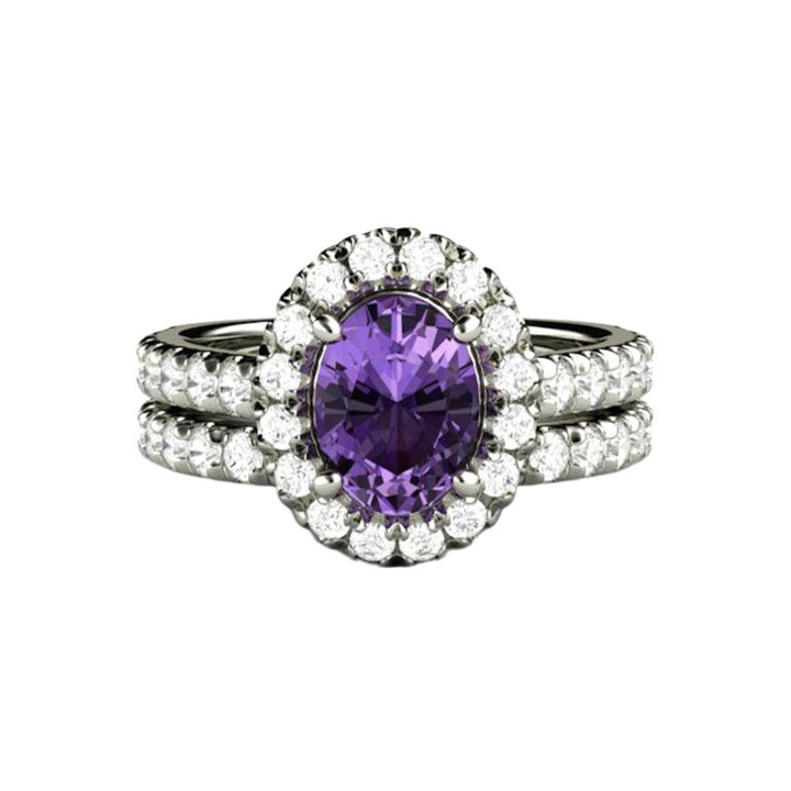 Purple Sapphire Engagement Ring and Matching Pave Diamond Wedding Band, Oval Halo Bridal Set | Rare Earth Jewelry