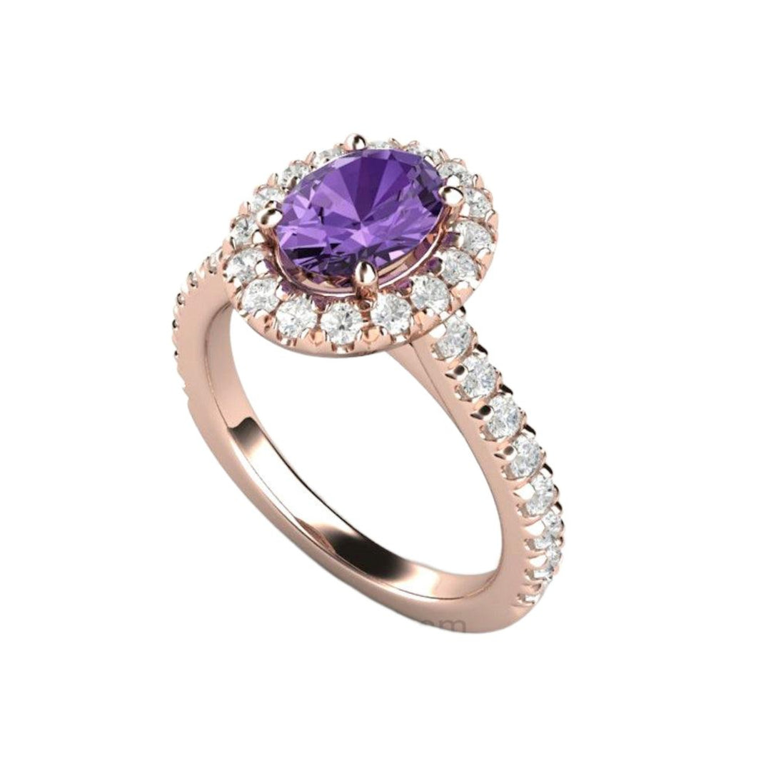 Purple Sapphire Engagement Ring in 18K Rose Gold, Oval Halo with French Pave Set Diamonds | Rare Earth Jewelry