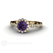 Purple Sapphire Engagement Ring Vintage Diamond Halo 14K Yellow Gold - Rare Earth Jewelry