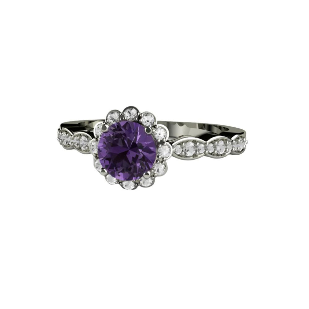Purple Sapphire Engagement Ring Vintage Diamond Halo with Scalloped Shank, Natural Ceylon Sapphire Ring in 14K or 18K Gold and Platinum | Rare Earth Jewelry