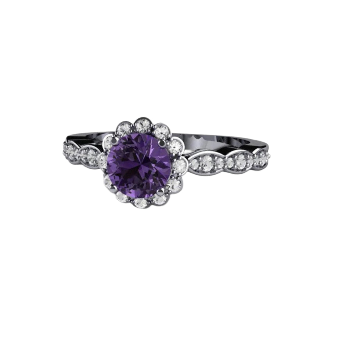 Natural Purple Sapphire Engagement Ring in Platinum, Vintage Diamond Halo | Rare Earth Jewelry