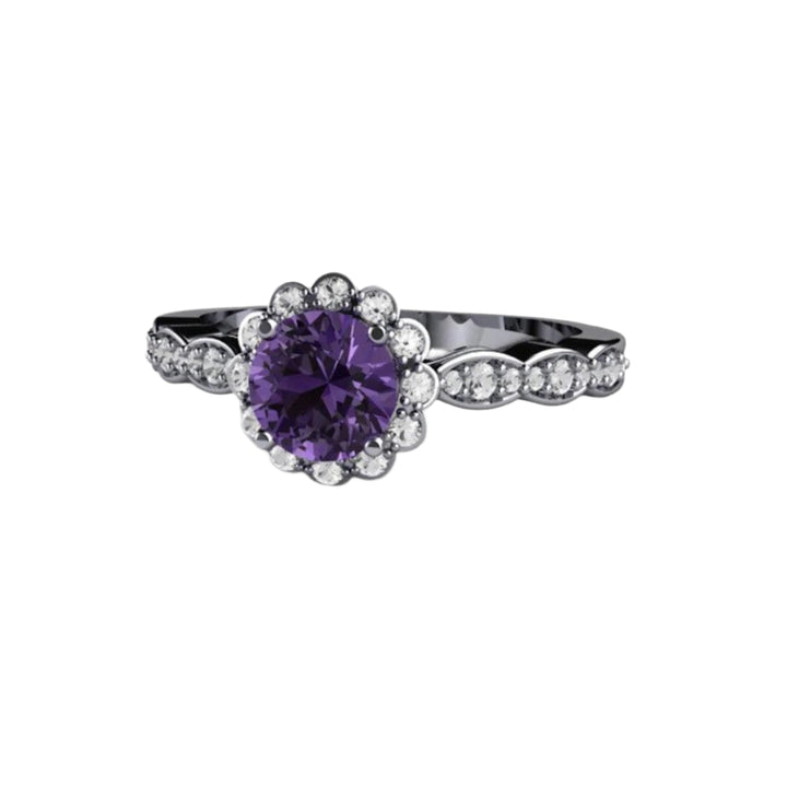 Natural Purple Sapphire Engagement Ring in Platinum, Vintage Diamond Halo | Rare Earth Jewelry