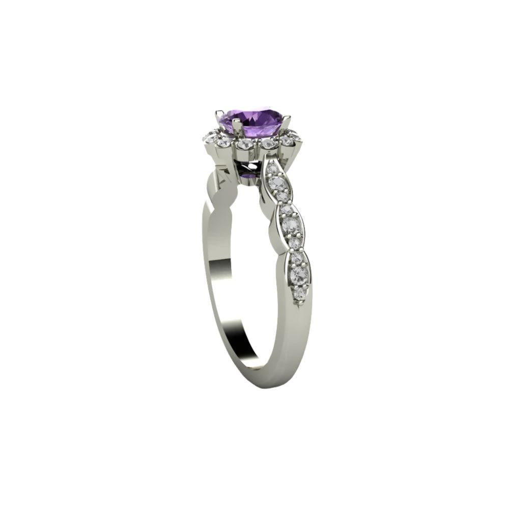 Side View of Purple Sapphire Engagement Ring Vintage Diamond Halo with Scalloped Shank | Rare Earth Jewelry
