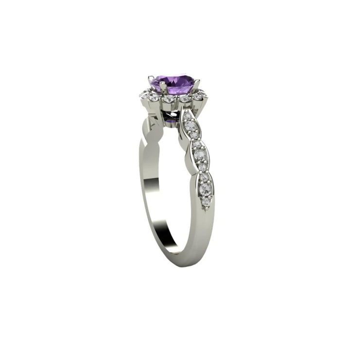 Side View of Purple Sapphire Engagement Ring Vintage Diamond Halo with Scalloped Shank | Rare Earth Jewelry