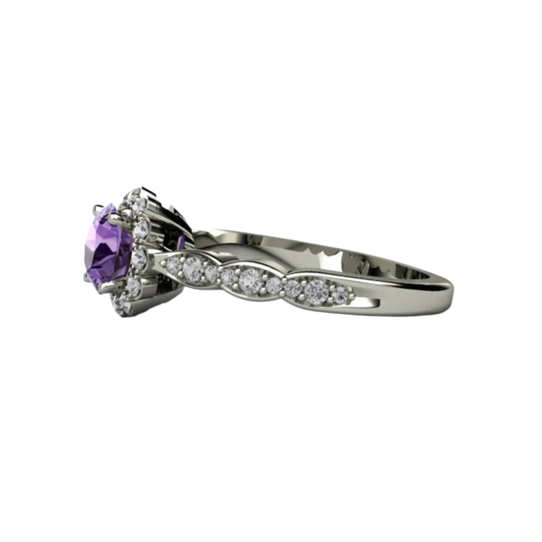 Purple Sapphire Engagement Ring Vintage Diamond Halo with Scalloped Shank in 14K or 18K Gold and Platinum | Rare Earth Jewelry
