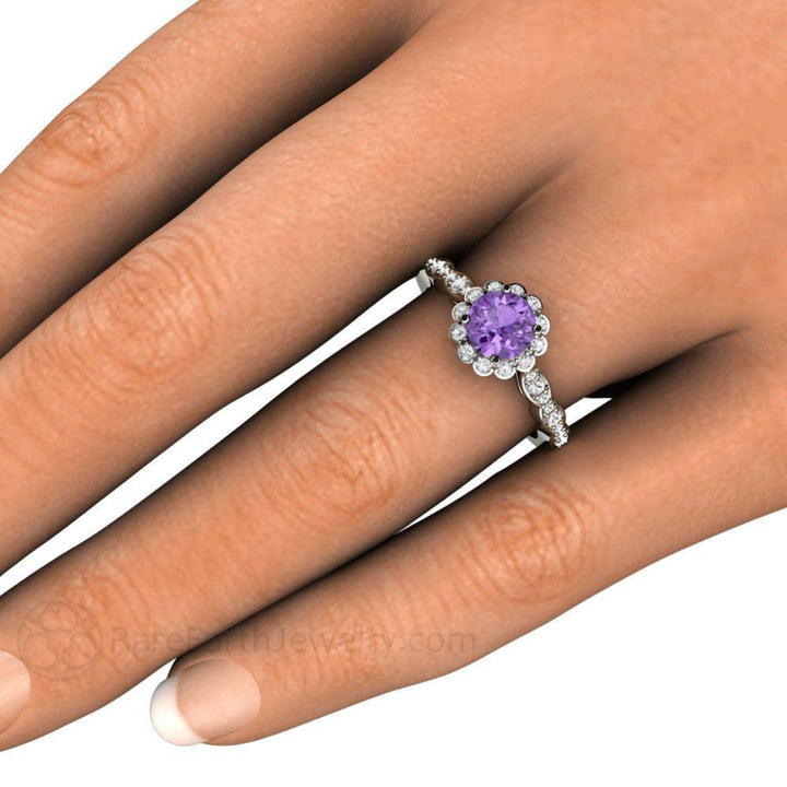 Round Purple Sapphire Engagement Ring Vintage Inspired Diamond Halo shown on the Finger | Rare Earth Jewelry