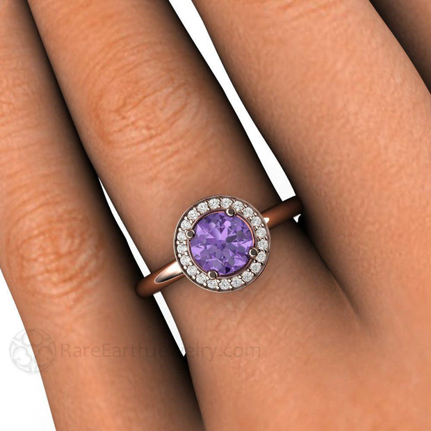 Purple Sapphire Ring Diamond Halo Engagement 14K Rose Gold - Rare Earth Jewelry