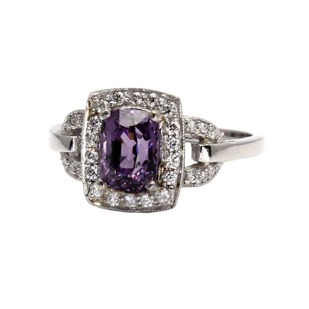 Art Deco Purple Gemstone Ring, Purple Spinel Engagement Ring, Vintage Inspired Halo Design | Rare Earth Jewelry