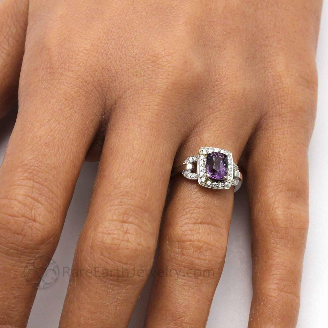 Purple Spinel Engagement Ring on the Hand, Vintage Style Halo with Split Shank and Diamond Accents | Rare Earth Jewelry