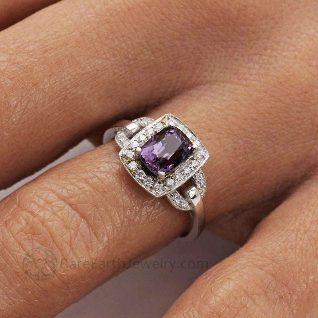 Purple Spinel Right Hand Ring on the Finger, Close Up of Art Deco Buckle Design | Rare Earth Jewelry