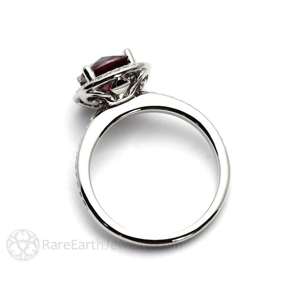 Rhodolite Garnet Ring Cushion Cut Diamond Halo January Birthstone 18K White Gold - Rare Earth Jewelry