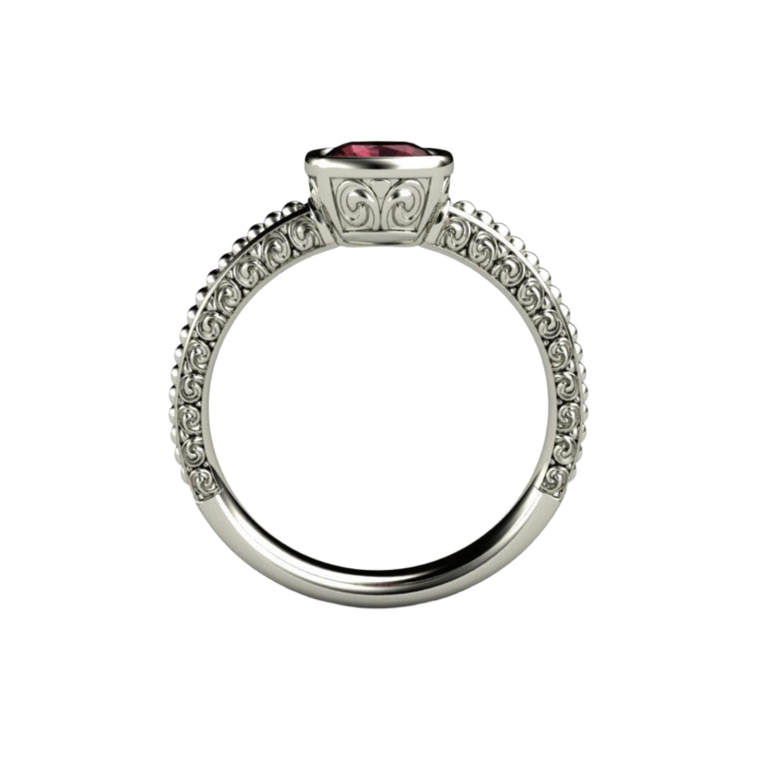 Rhodolite Garnet Solitaire Ring Vintage Bezel with Filigree, Rare Earth Jewelry