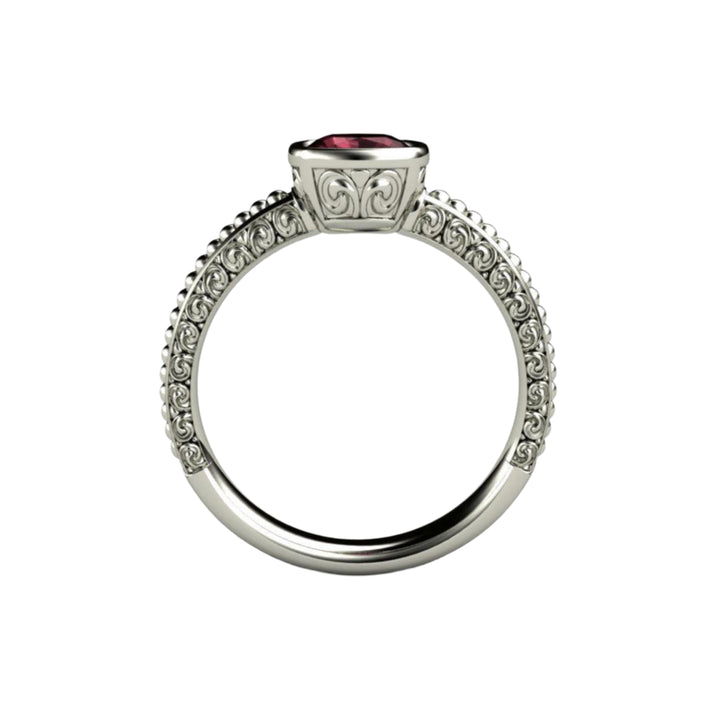 Rhodolite Garnet Solitaire Ring Vintage Bezel with Filigree, Rare Earth Jewelry