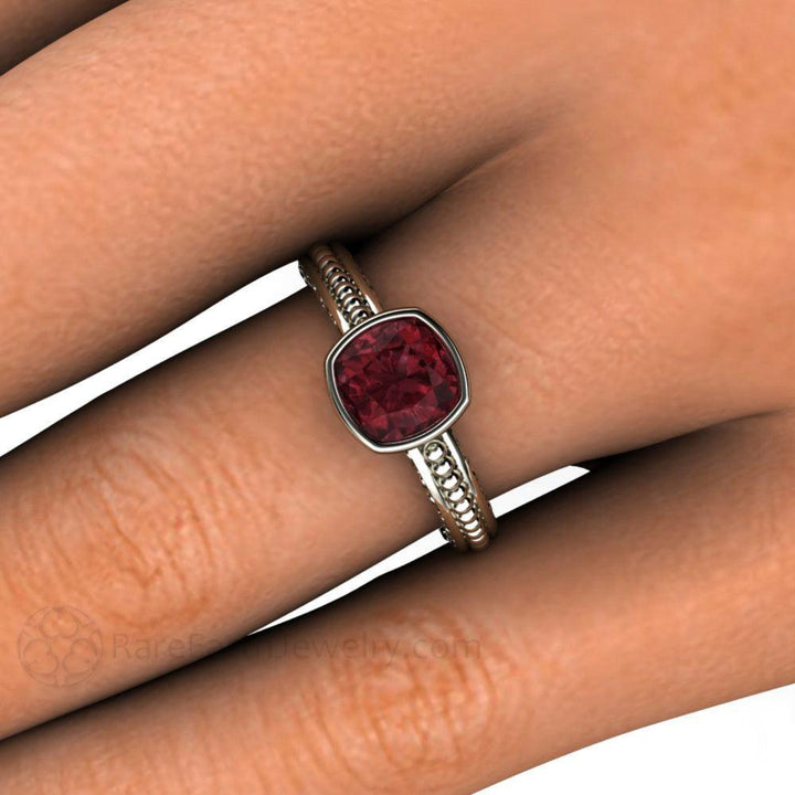 Rhodolite Garnet Solitaire Ring Vintage Bezel with Filigree, Rare Earth Jewelry