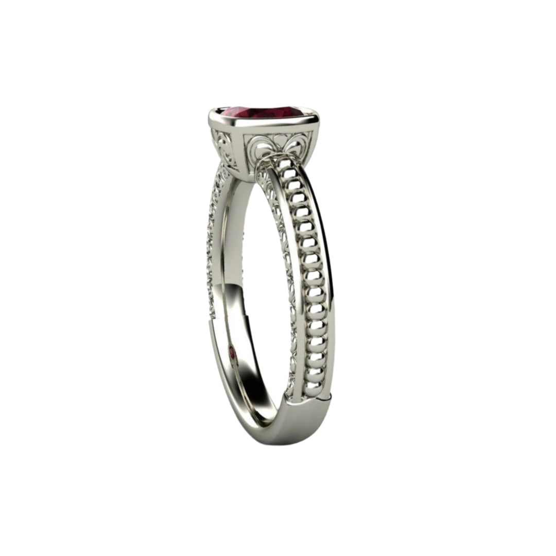 Rhodolite Garnet Solitaire Ring Vintage Bezel with Filigree, Rare Earth Jewelry