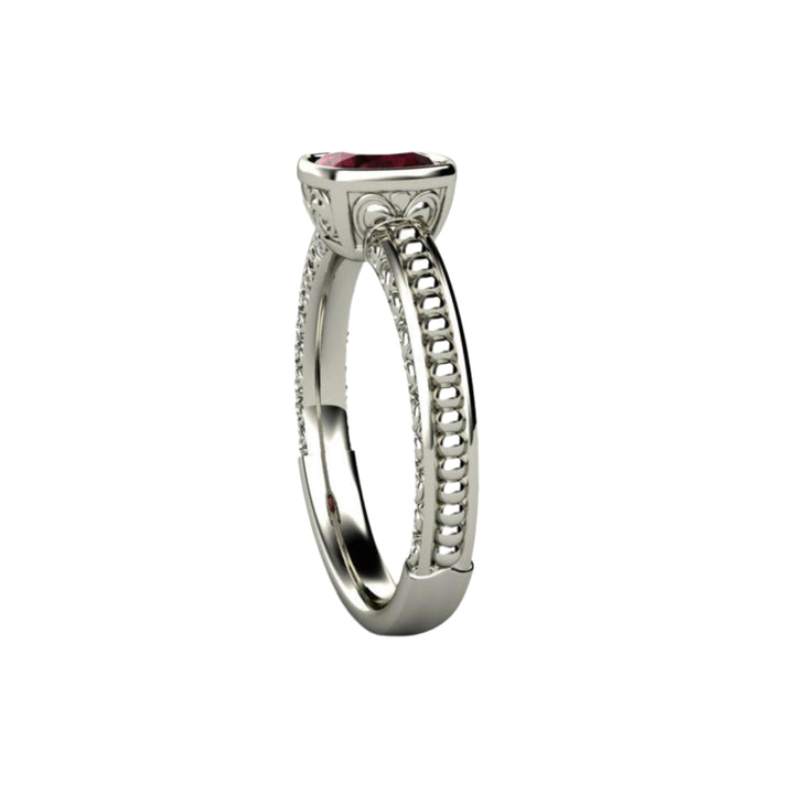 Rhodolite Garnet Solitaire Ring Vintage Bezel with Filigree, Rare Earth Jewelry