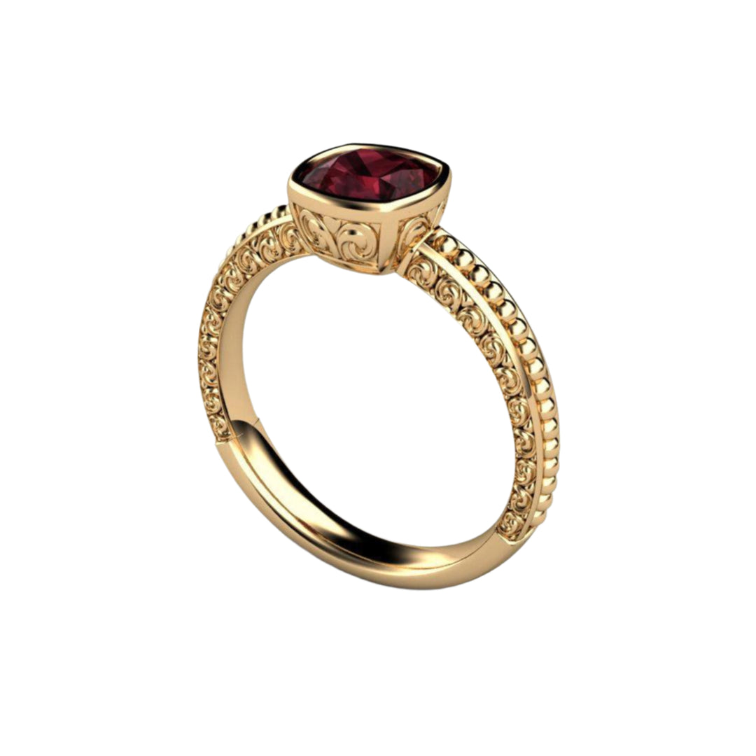 Rhodolite Garnet Solitaire Ring Vintage Bezel with Filigree, Rare Earth Jewelry
