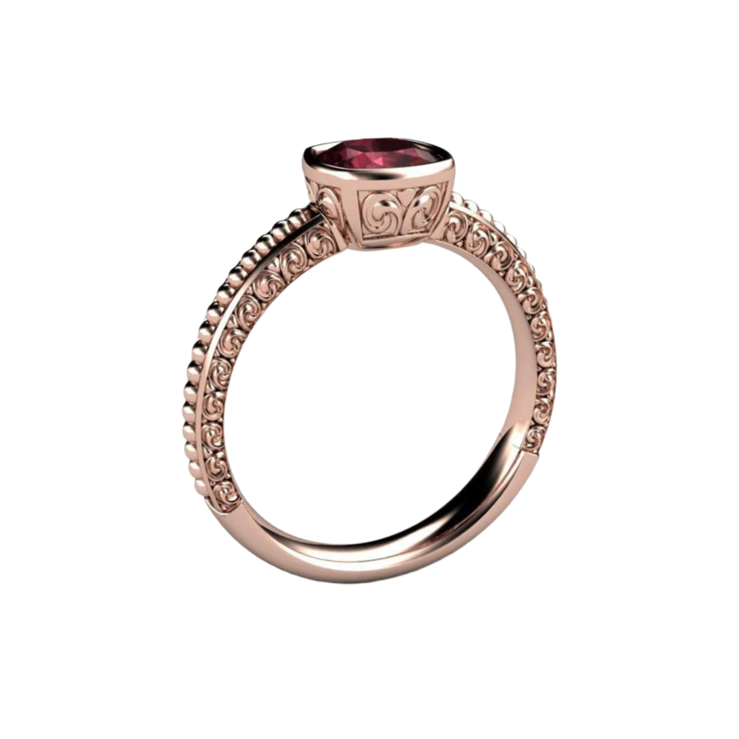 Rhodolite Garnet Solitaire Ring Vintage Bezel with Filigree, Rare Earth Jewelry