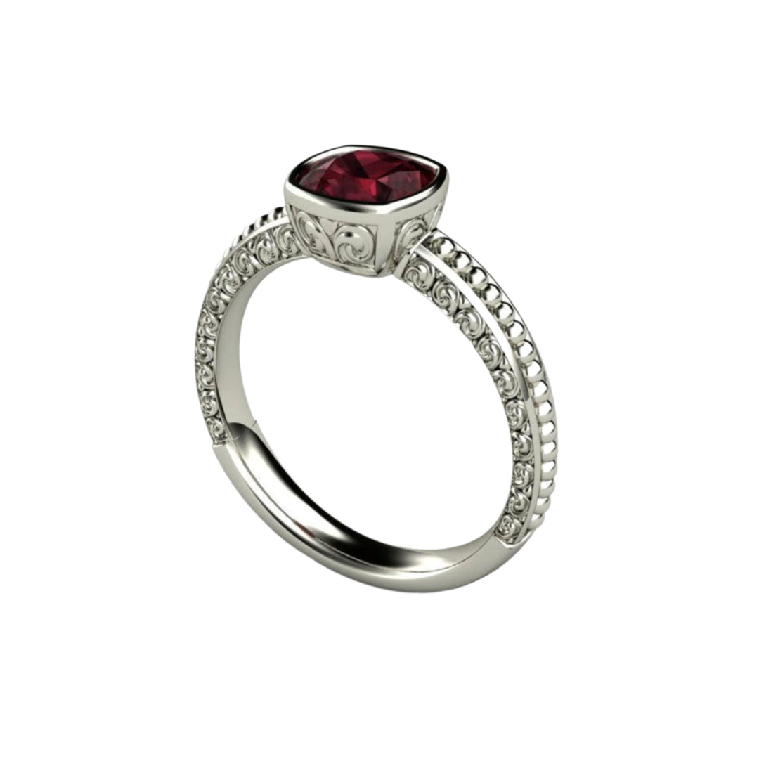 Rhodolite Garnet Solitaire Ring Vintage Bezel with Filigree, Rare Earth Jewelry