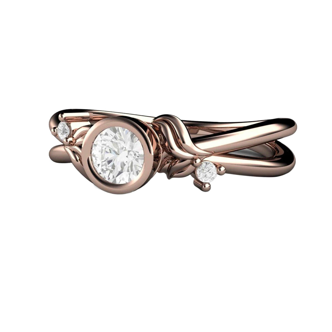 Round Bezel Set Diamond Engagement Ring with Nature Inspired Flower and Leaf Design, Natural Botanical Style Split Band | Rare Earth Jewelry