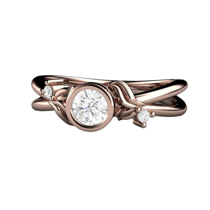 Round Natural Diamond Engagement Ring, Minimalist Bezel Setting with Leaves and Flowers, 14K Rose Gold | Rare Earth Jewelry