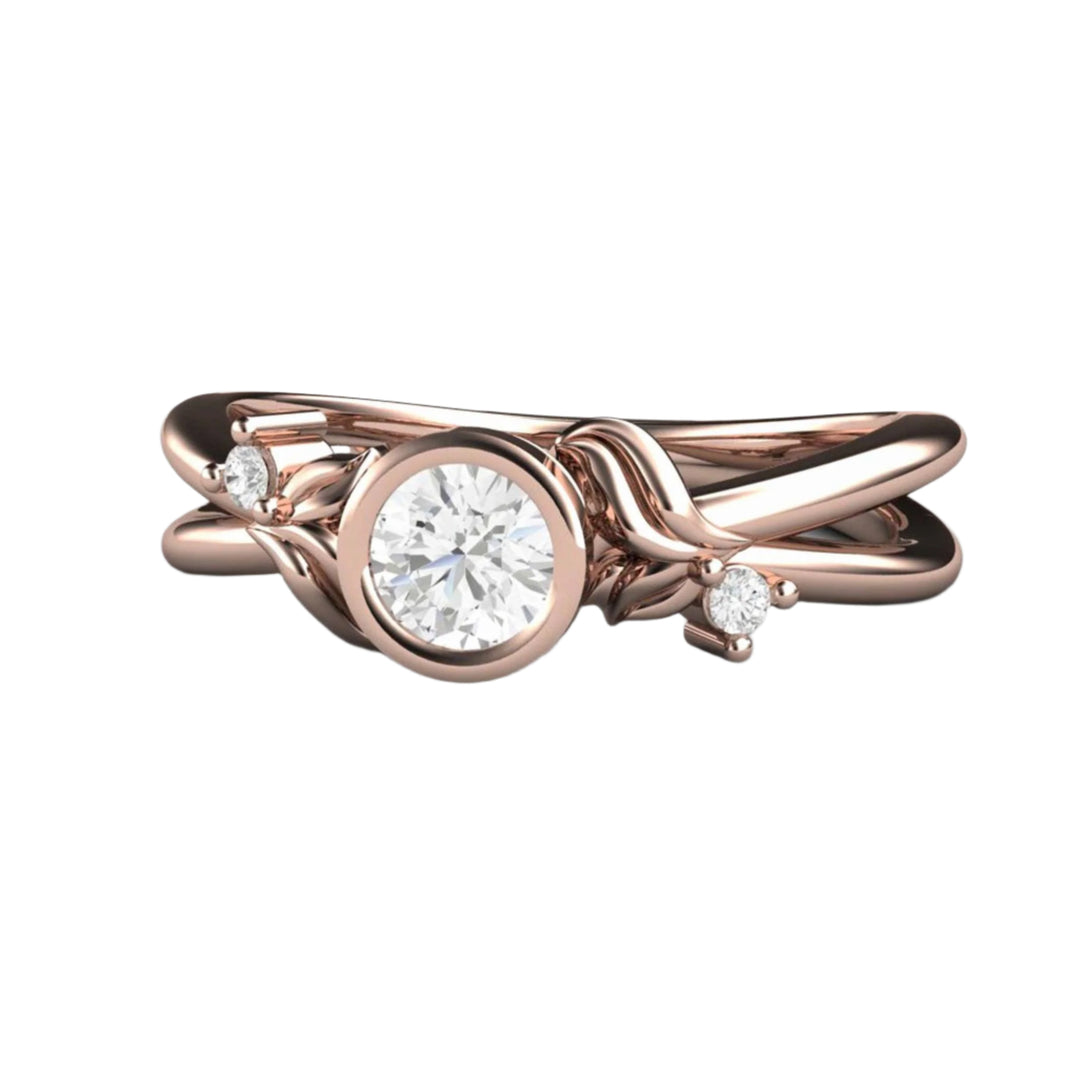 Round Bezel Set Diamond Engagement Ring with Botanical Themed Design in 18K Rose Gold | Rare Earth Jewelry