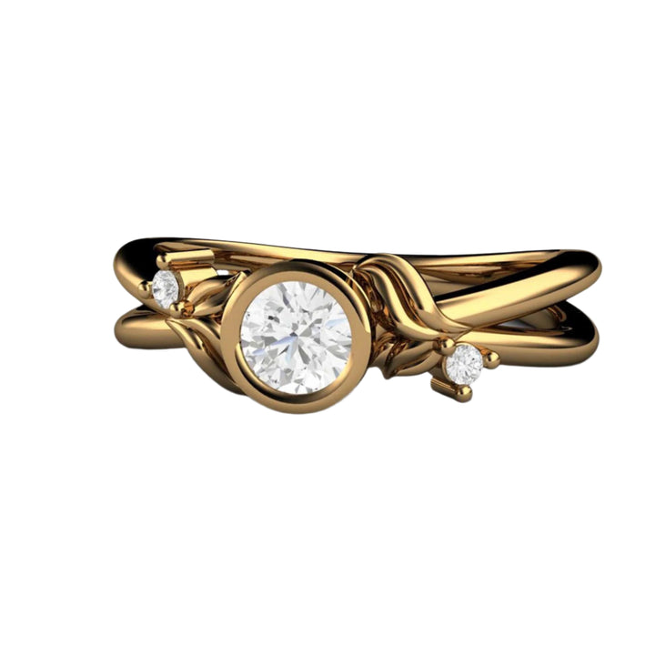 Minimalist Style Bezel Set Diamond Engagement Ring, Round Diamond Ring with Organic Floral Design in 18K Yellow Gold | Rare Earth Jewelry