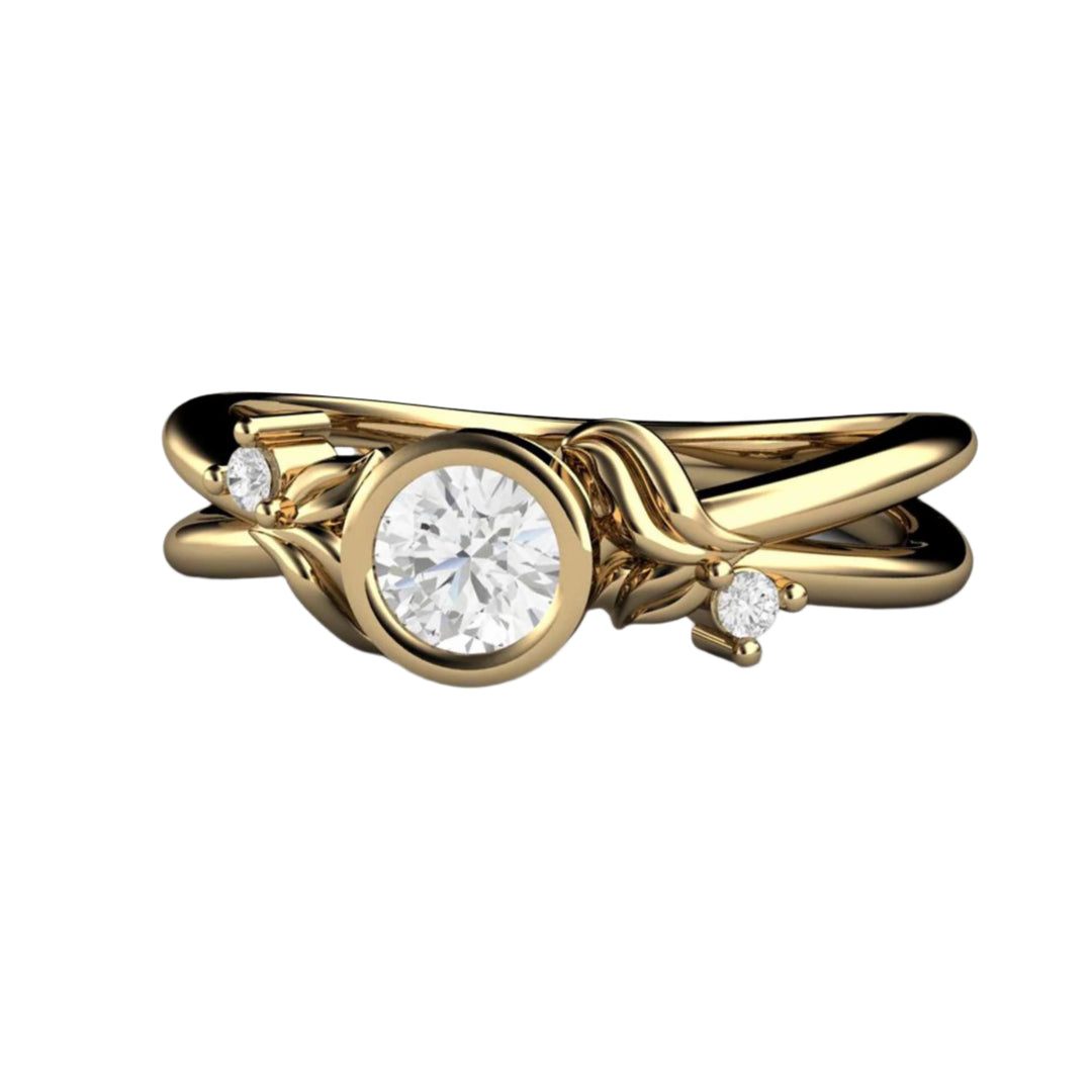 Round Bezel Set Diamond Engagement Ring with Nature Inspired Flower and Leaf Design in 14K Yellow Gold | Rare Earth Jewelry