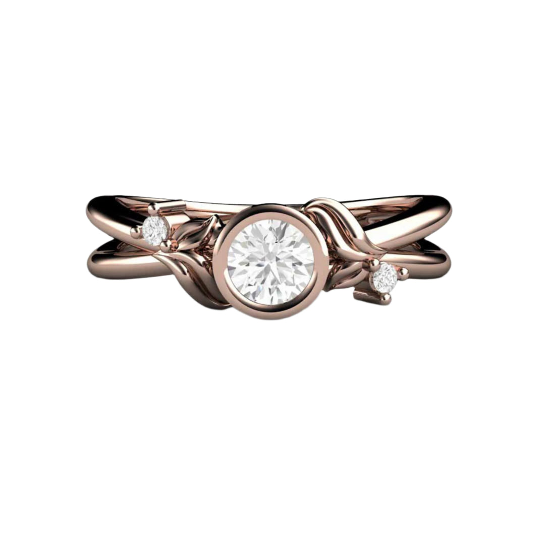 Round Bezel Set Diamond Engagement Ring with Nature Inspired Flower and Leaf Design, Modern Floral Engagement Ring | Rare Earth Jewelry