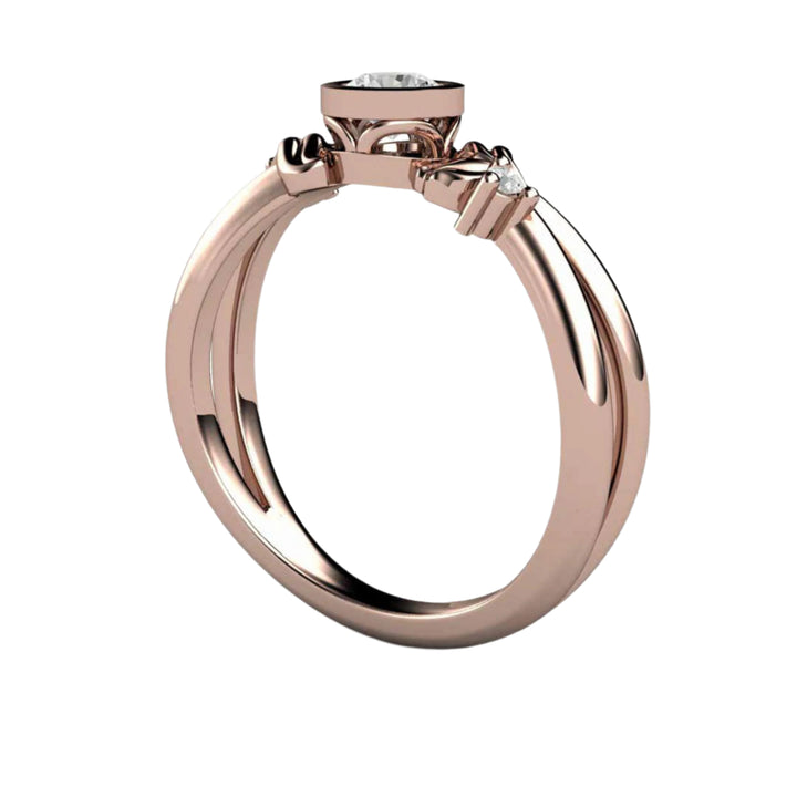 Round Bezel Set Diamond Engagement Ring with Nature Inspired Leaf Design, Profile View | Rare Earth Jewelry