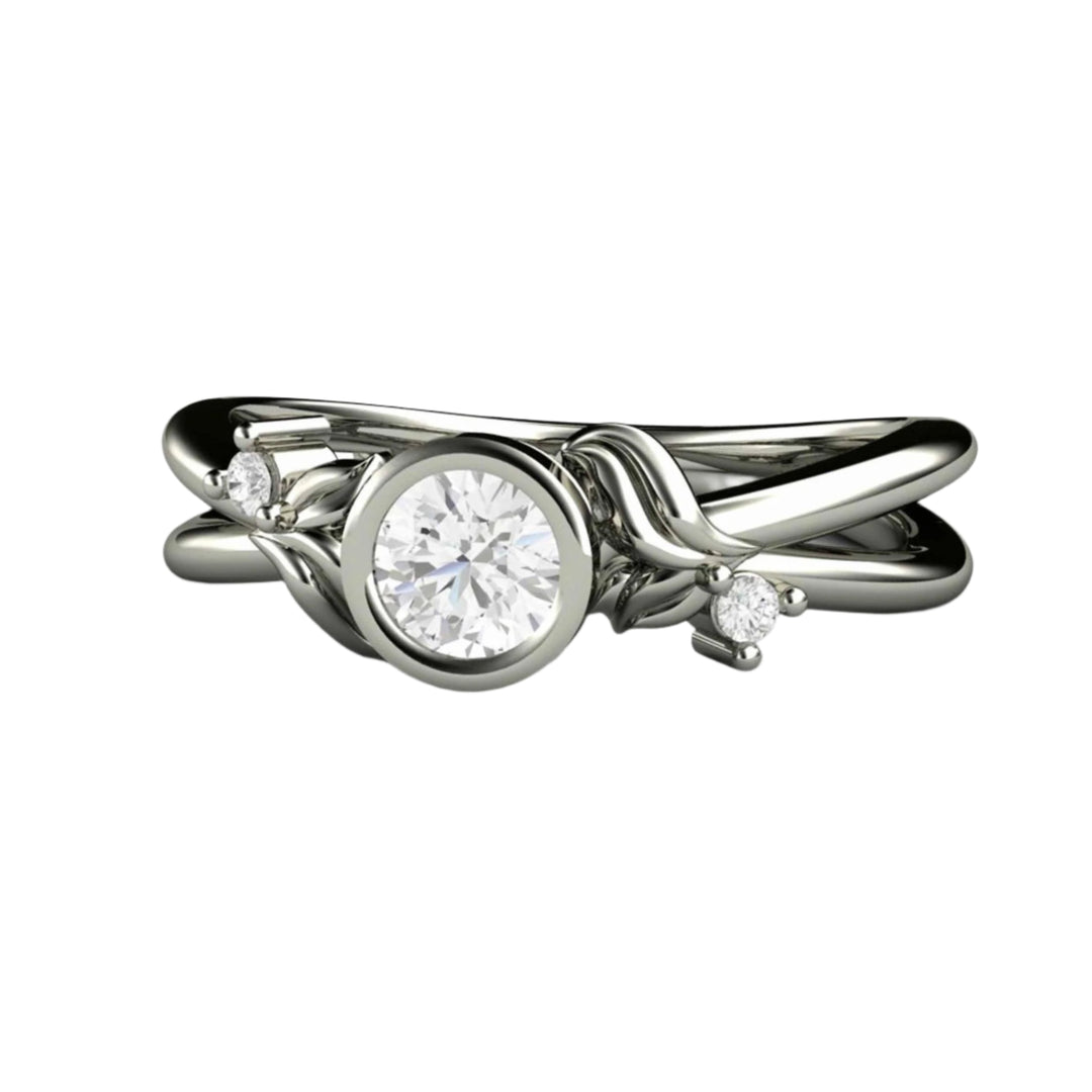 Round Natural Diamond Engagement Ring with Nature Inspired Leaf and Flower Design, Modern Bezel Setting with Split Shank in 14K White Gold  Rare Earth Jewelry