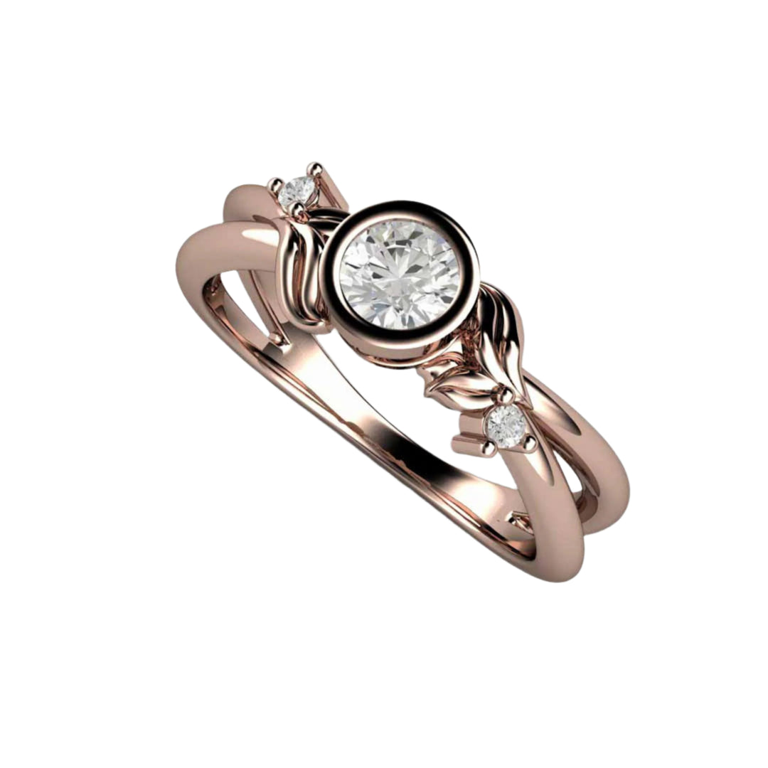 Round Bezel Set Diamond Engagement Ring with Nature Inspired Flower and Leaf Design, Natural Elements Vines and Leaves Ring, Unique Engagement Ring | Rare Earth Jewelry