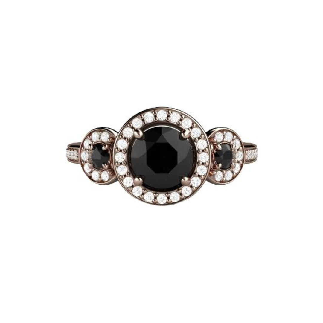 Round Black Diamond Engagement Ring 3 Stone Diamond Halo Setting, Rare Earth Jewelry