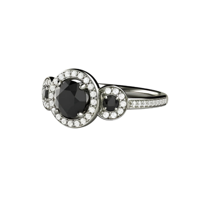 Round Black Diamond Engagement Ring 3 Stone Diamond Halo Setting, Rare Earth Jewelry