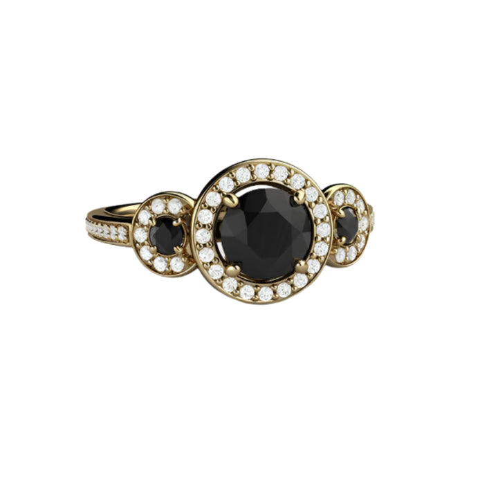 Round Black Diamond Engagement Ring 3 Stone Diamond Halo Setting, Rare Earth Jewelry