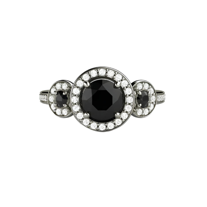 Round Black Diamond Engagement Ring 3 Stone Diamond Halo Setting, Rare Earth Jewelry