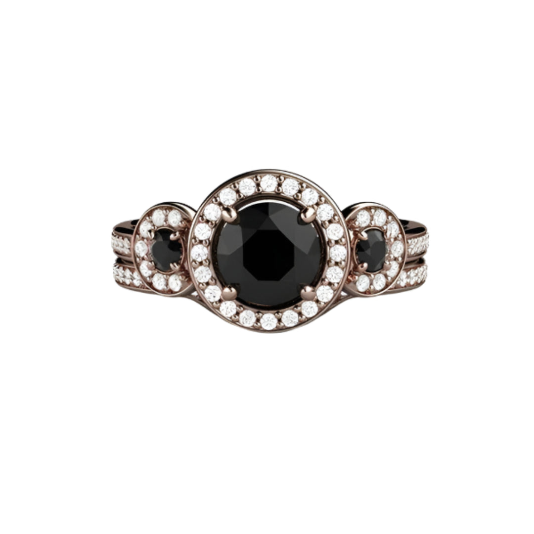 Round Black Diamond Engagement Ring 3 Stone Diamond Halo Bridal Set | Rare Earth Jewelry