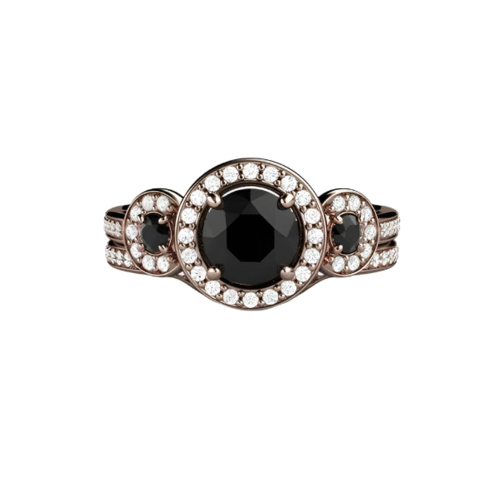 Round Black Diamond Engagement Ring 3 Stone Diamond Halo Bridal Set | Rare Earth Jewelry