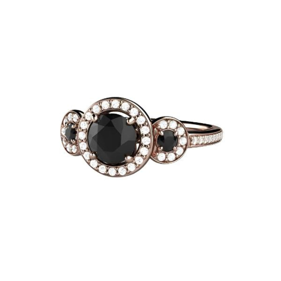 Round Black Diamond Engagement Ring 3 Stone Diamond Halo Setting, Rare Earth Jewelry