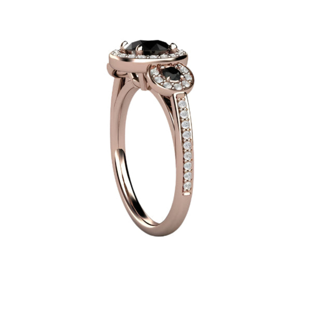 Round Black Diamond Engagement Ring 3 Stone Diamond Halo Setting, Rare Earth Jewelry