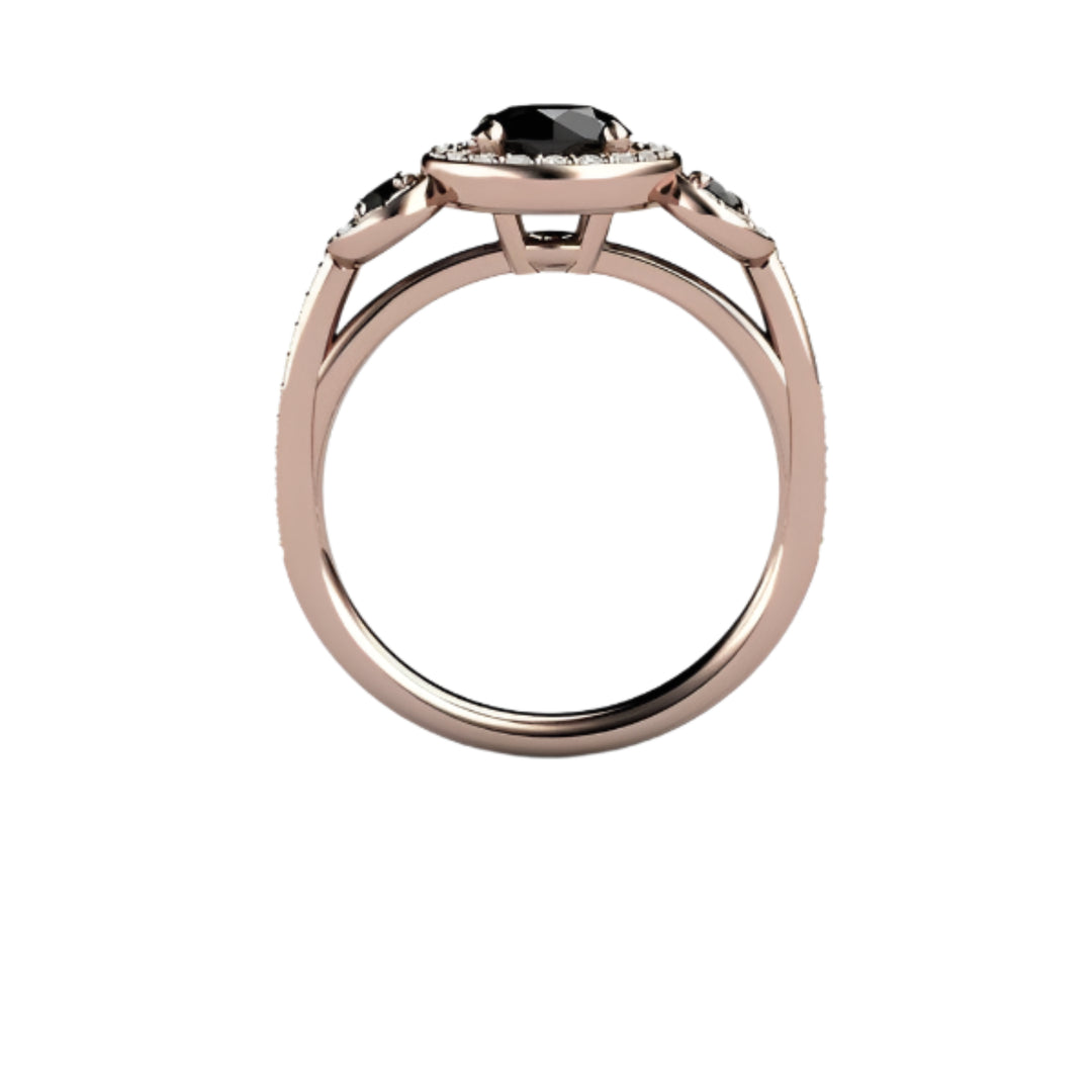 Round Black Diamond Engagement Ring 3 Stone Diamond Halo Setting, Rare Earth Jewelry