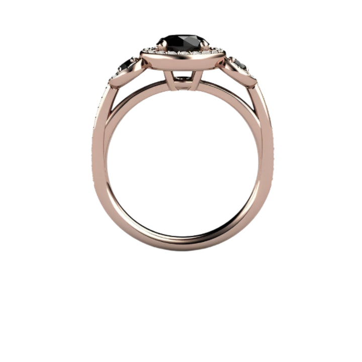 Round Black Diamond Engagement Ring 3 Stone Diamond Halo Setting, Rare Earth Jewelry