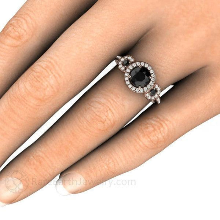 Round Black Diamond Engagement Ring 3 Stone Diamond Halo Setting, Rare Earth Jewelry