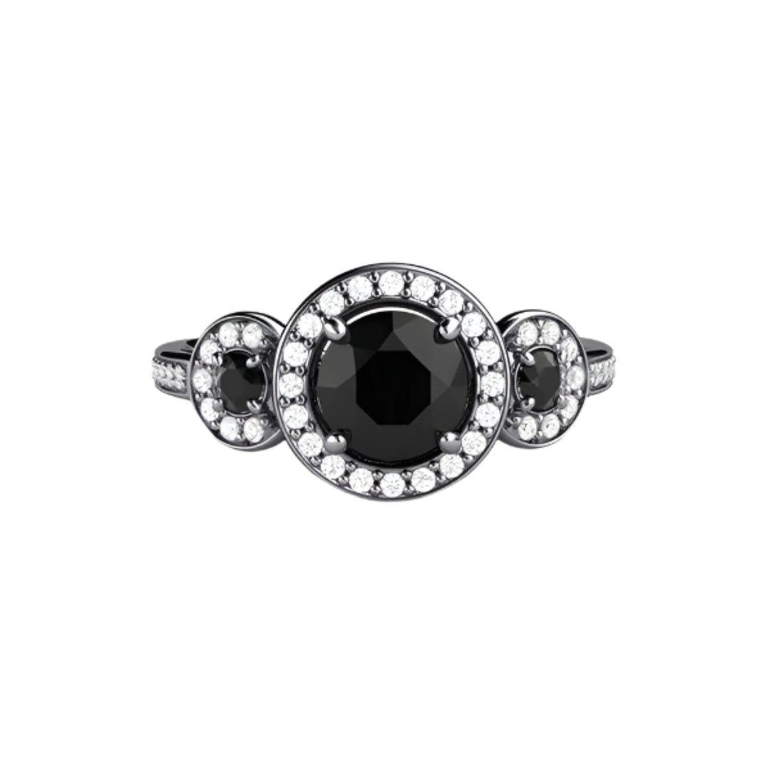 Round Black Diamond Engagement Ring 3 Stone Diamond Halo Setting, Rare Earth Jewelry