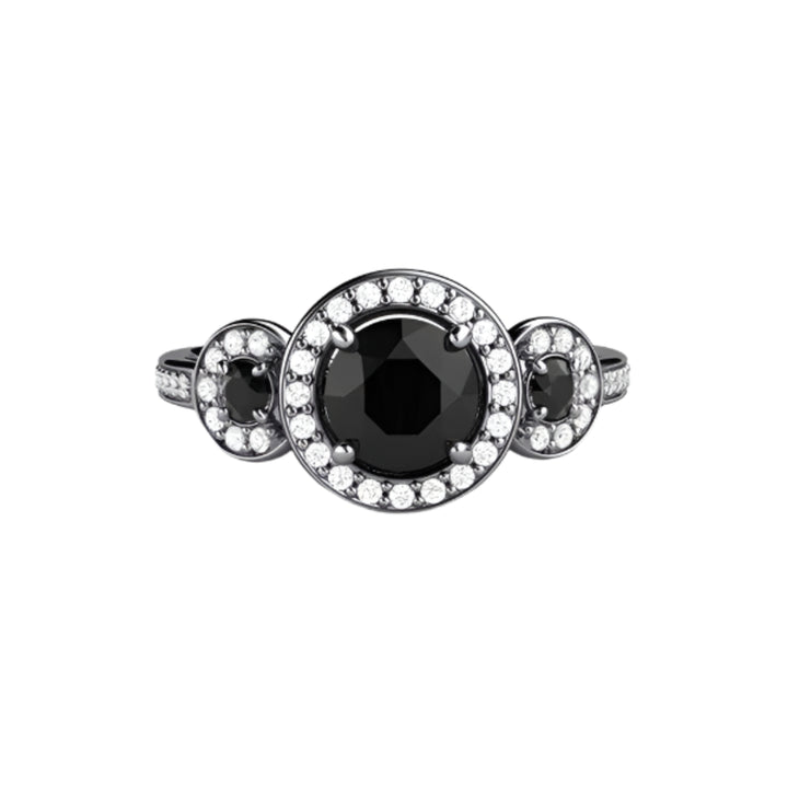 Round Black Diamond Engagement Ring 3 Stone Diamond Halo Setting, Rare Earth Jewelry