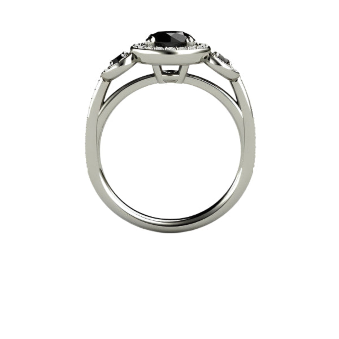 Round Black Diamond Engagement Ring 3 Stone Diamond Halo Setting, Rare Earth Jewelry