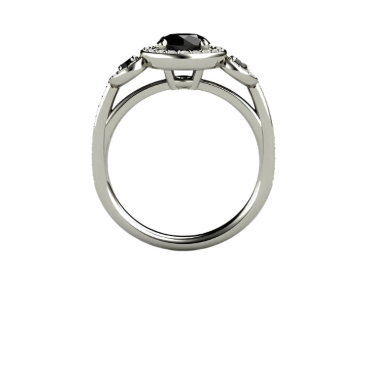 Round Black Diamond Engagement Ring 3 Stone Diamond Halo Setting, Rare Earth Jewelry