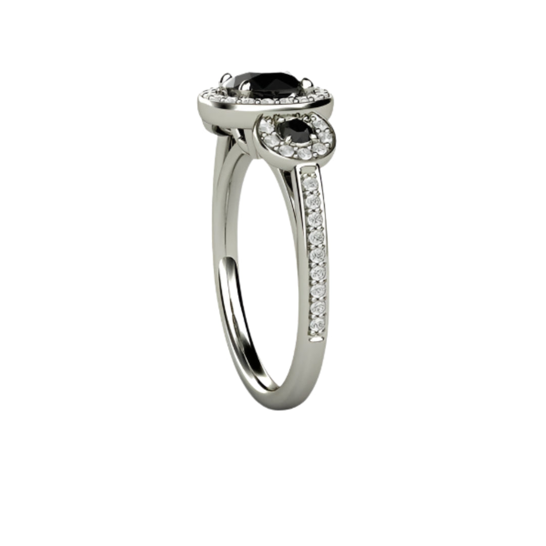 Round Black Diamond Engagement Ring 3 Stone Diamond Halo Setting, Rare Earth Jewelry