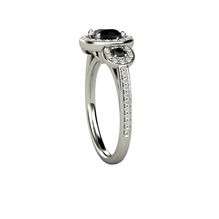 Round Black Diamond Engagement Ring 3 Stone Diamond Halo Setting, Rare Earth Jewelry